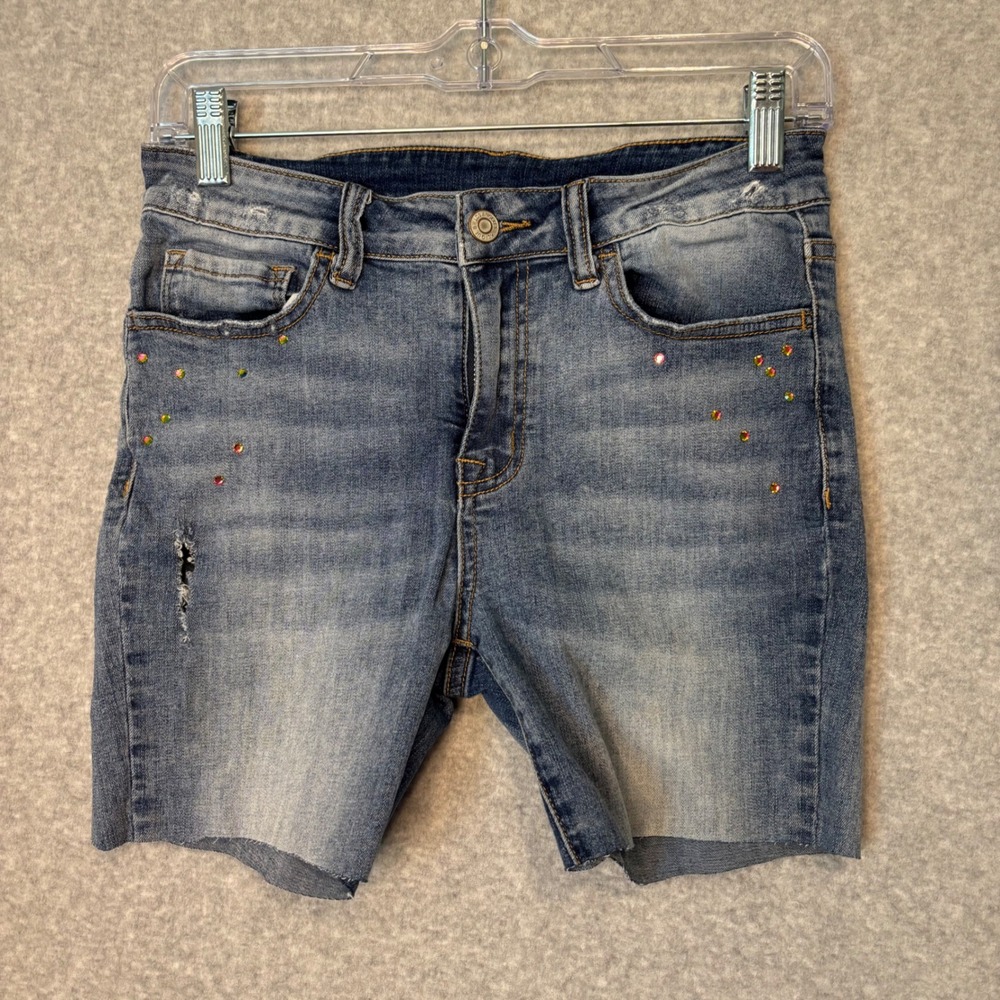 Klique B Women's 3 Denim Shorts Rhinestone Distressed Raw Hem Casual Cute Jean